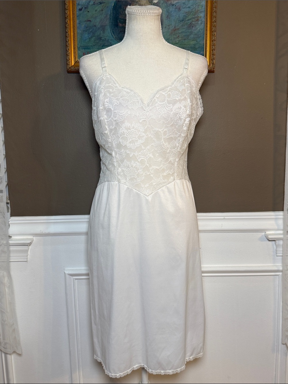 Vintage 60s 70s Vanity Fair White Lace Nylon Slip Dress 36S Bridal